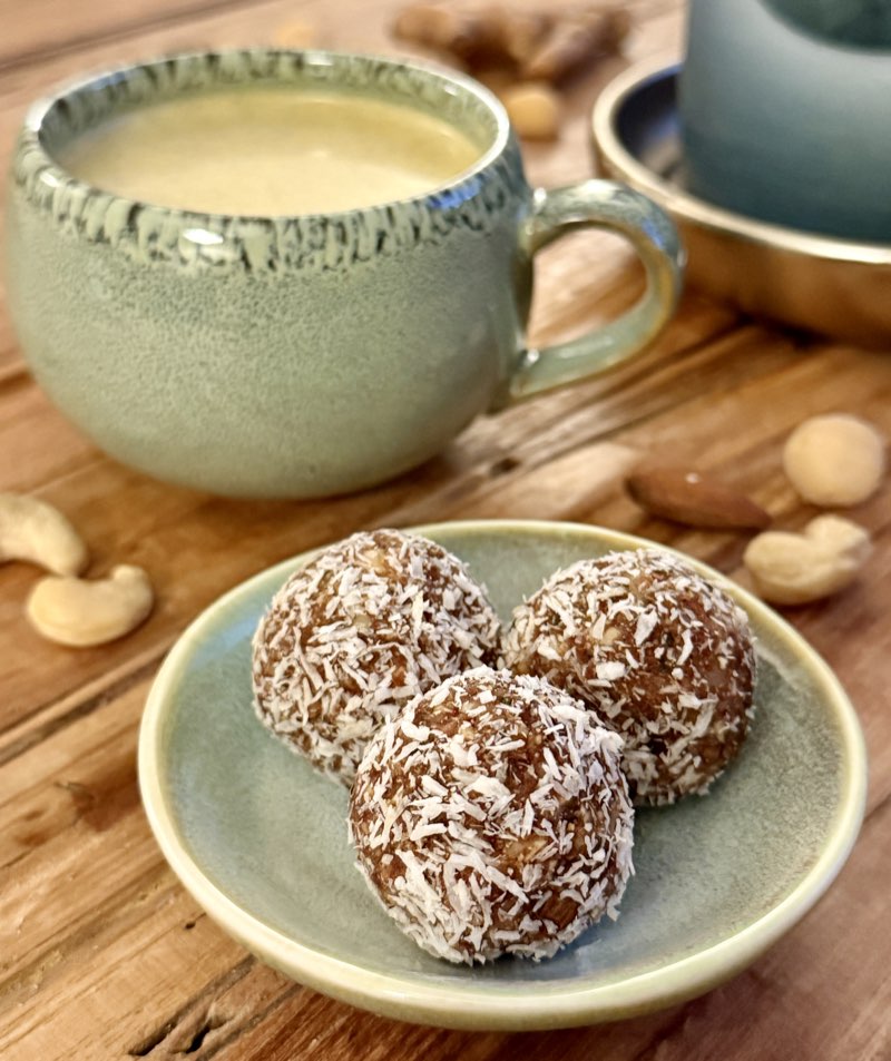 Golden milk and Golden Glow Balls made with soaked nuts — free recipe when you sign up at HowLongToSoak.com
